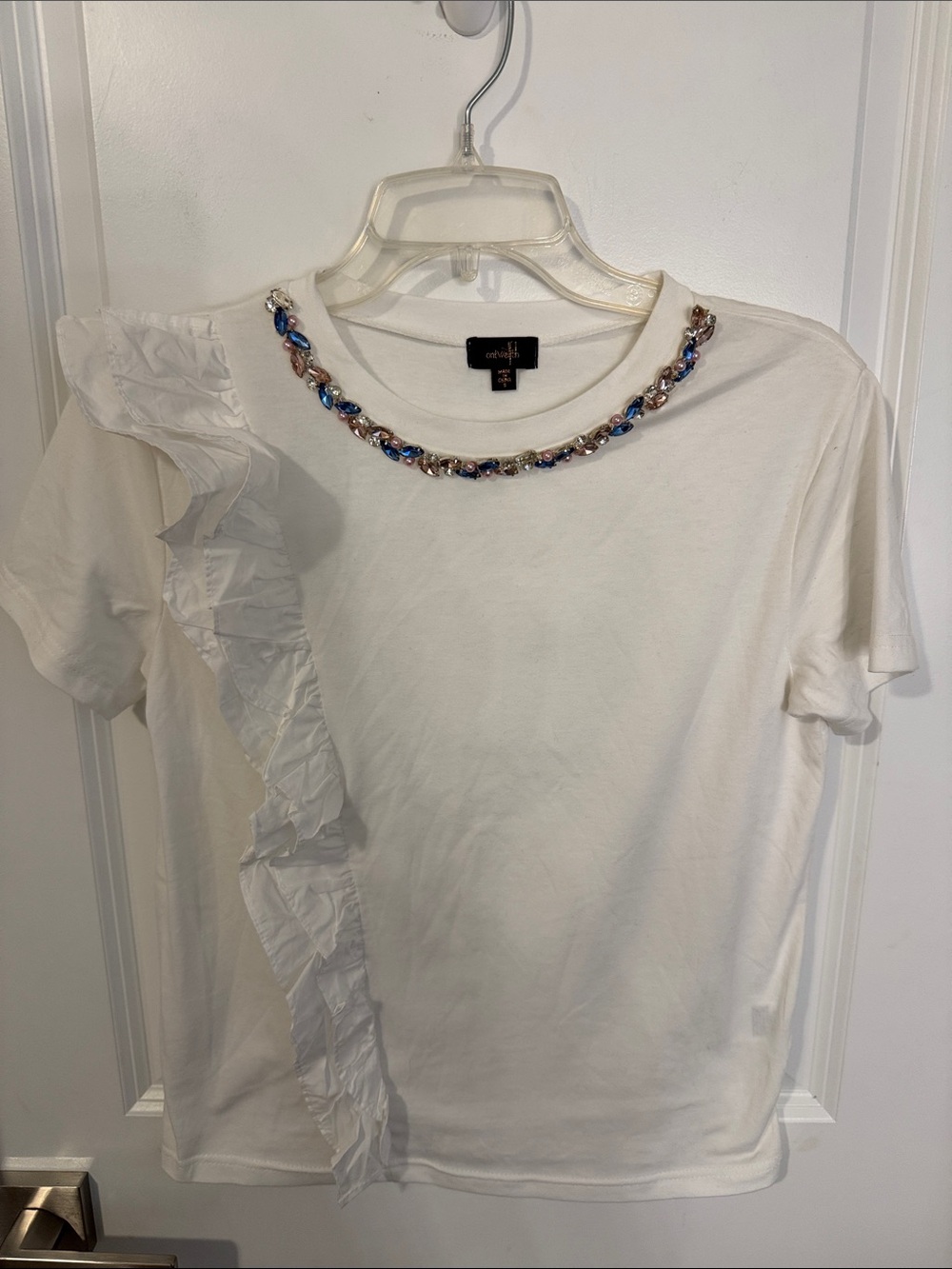 White Short Sleeve Ruffle Tee with Jeweled Neckline